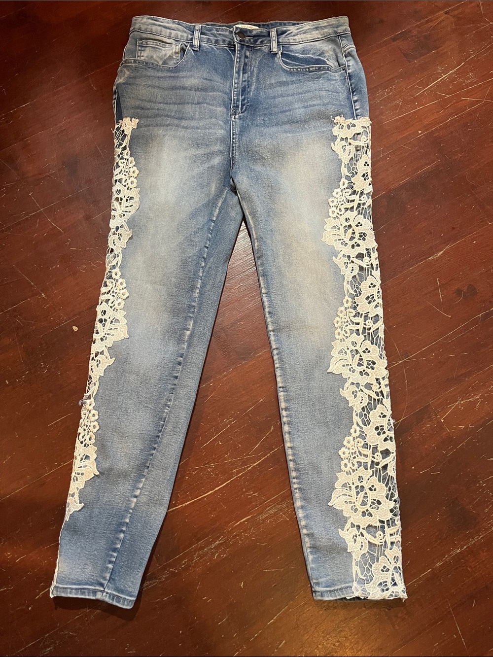 K Jordan Light Blue Skinny Jeans with White Lace Side Trim